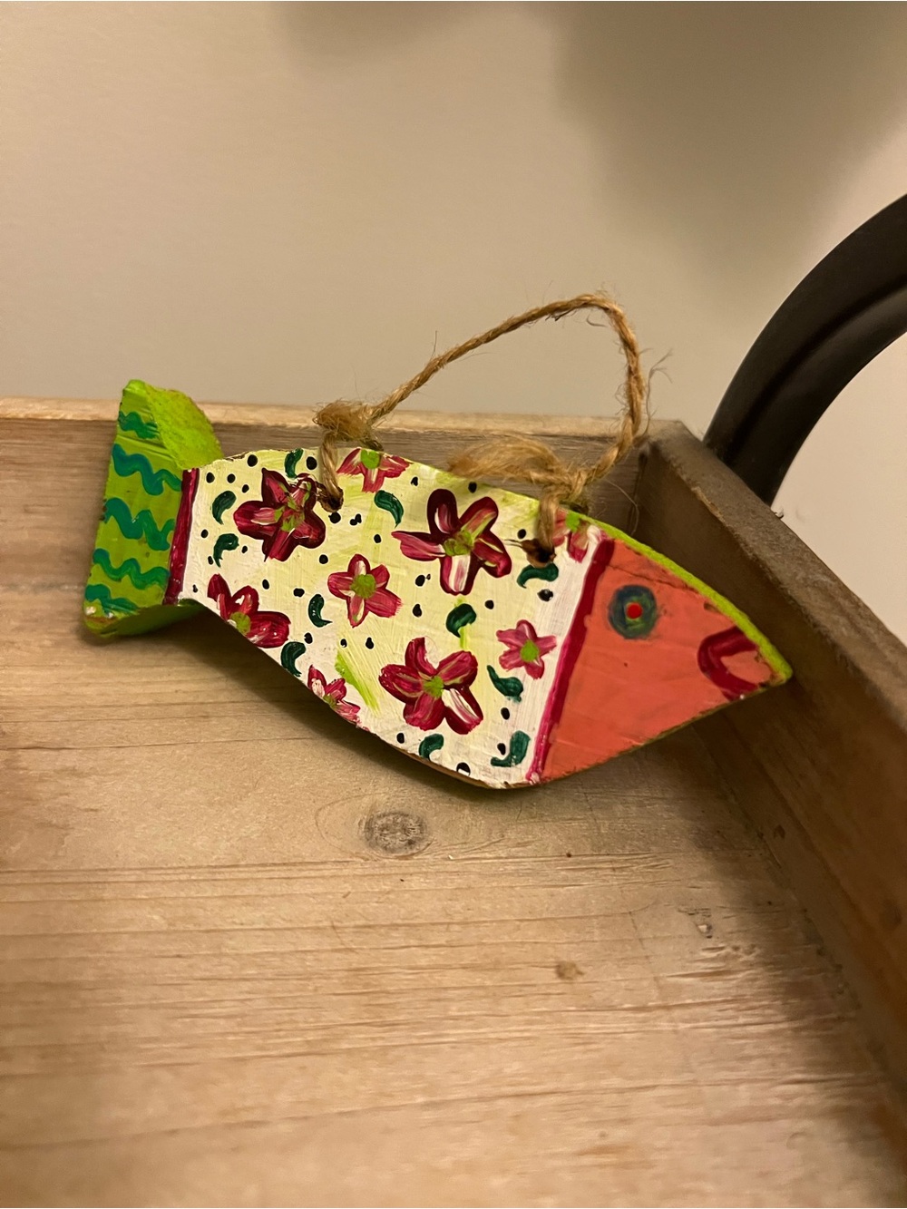 Hand-Painted Decorative Fish Ornament - Coral, Green, Cream